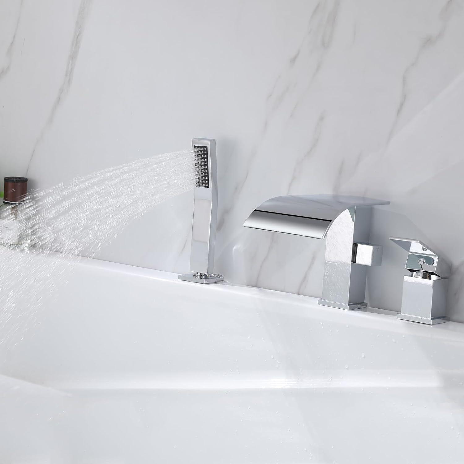 Waterfall Roman Tub Faucet with Hand Shower, Deck Mount Tub Filler Bathtub Faucet with Sprayer, Single Handle Bathtub Faucet Set, Brass Widespread 3 Hole Bathtub Shower Faucet Set, Chrome