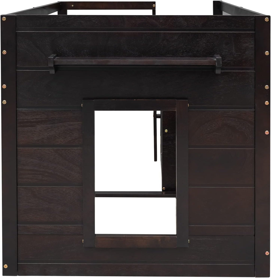 Ball & Cast Twin Size Low Loft Bed with Safety Guardrail & Stair,Wooden Bedframe W/Cabinet & Shelf,Solid Construction,No Spring Box Needed,Furniture Set for Boys Girls Keens Study Bedroom,Espresso