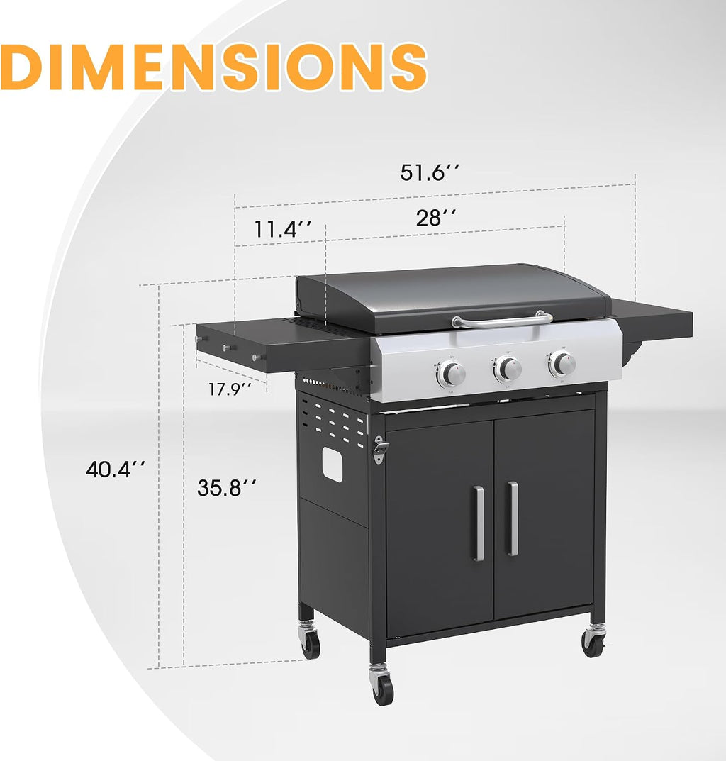 VICLLAX 28 in Flat Top Griddle Grill with Porcelain-Enameled Grates and Stainless Steel Frying Pan, 3-burner Propane Gas Griddle Grill, 33,000 BTU Output Grills for Outdoor Barbecue, Cooking and Party