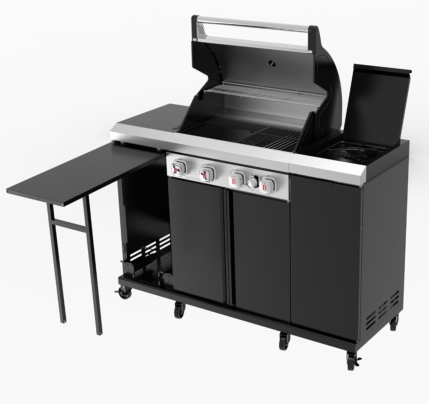 Flintex 4-Burner Propane Gas Kitchen Grill Island with Side Burner,44,000 BTU Stainless Steel BBQ Outdoor Griddle Grill Combo with LPG/NG Convertible and Storage Cabinets & Fold-out Table, Black