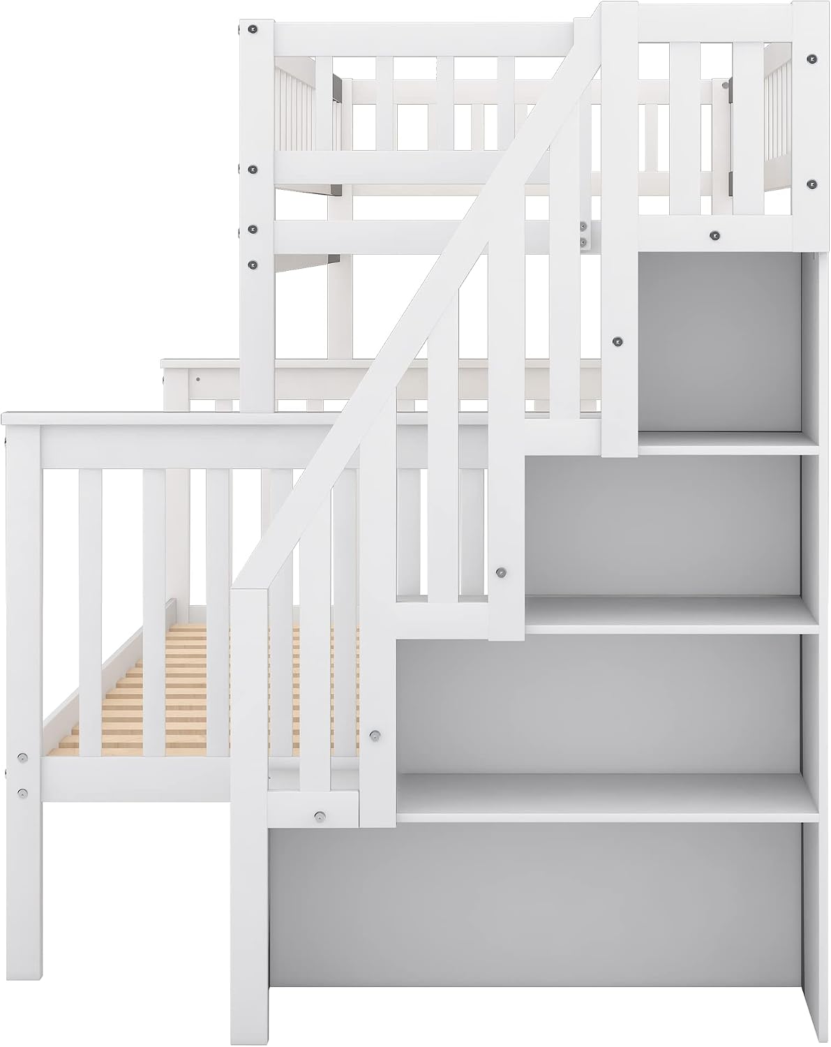 Harper & Bright Designs Twin Over Full Stairway Bunk Bed with Storage, Wood Bunk Bed Frame Can be Divided into Two Beds, White