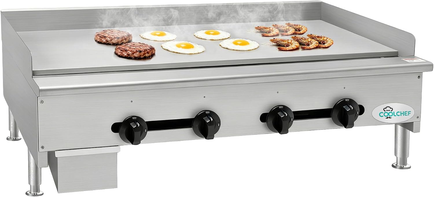 48' Commercial Natural Gas Griddle, Manual Controls, 4 Burners, Heavy Duty Stainless Steel Flat Top Countertop Restaurant Griddle Grill for Restaurant, 120,000 BTU