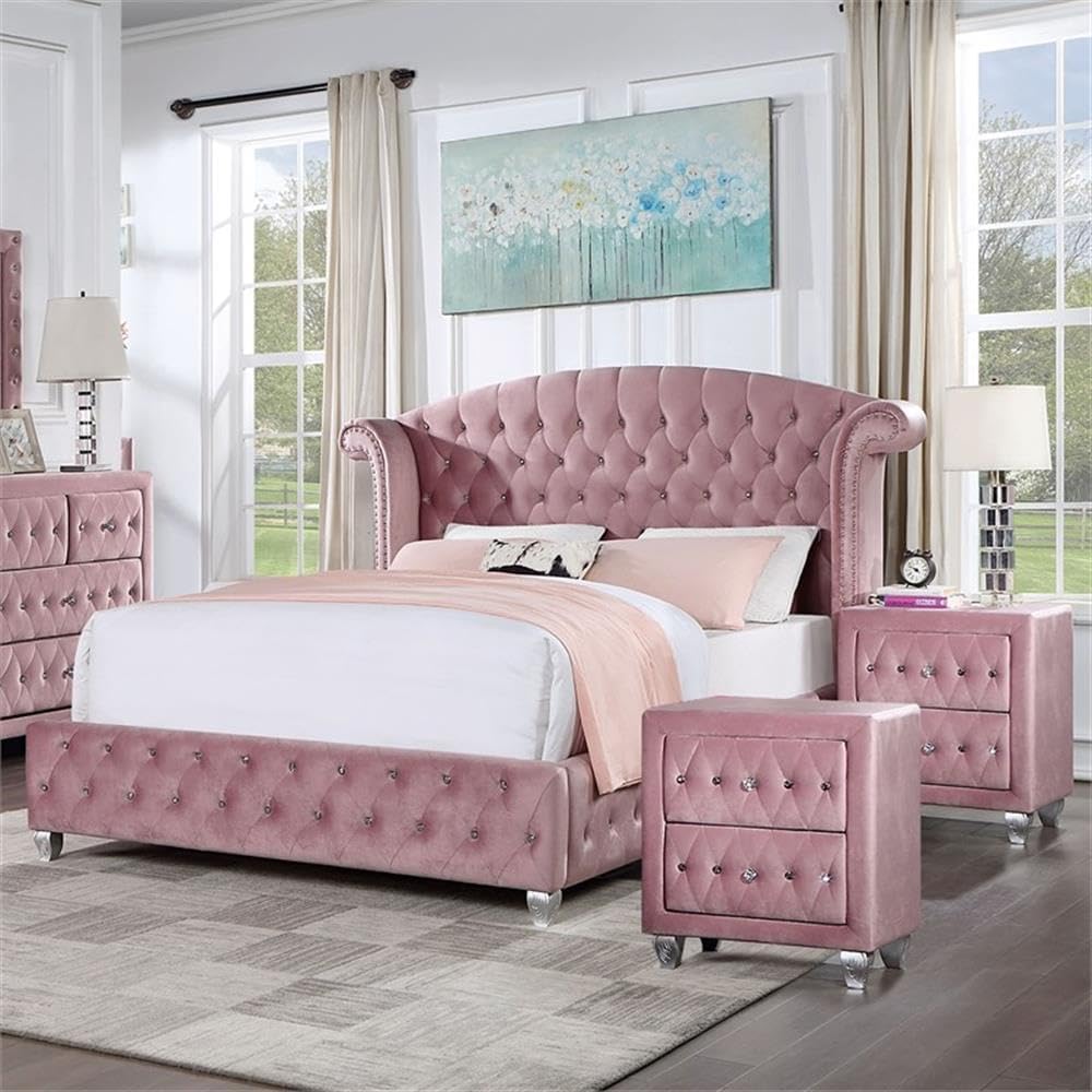 Furniture of America FOA Cyndi 3pc Pink Fabric Bedroom Set- Full + 2 Nightstands and Care Kit