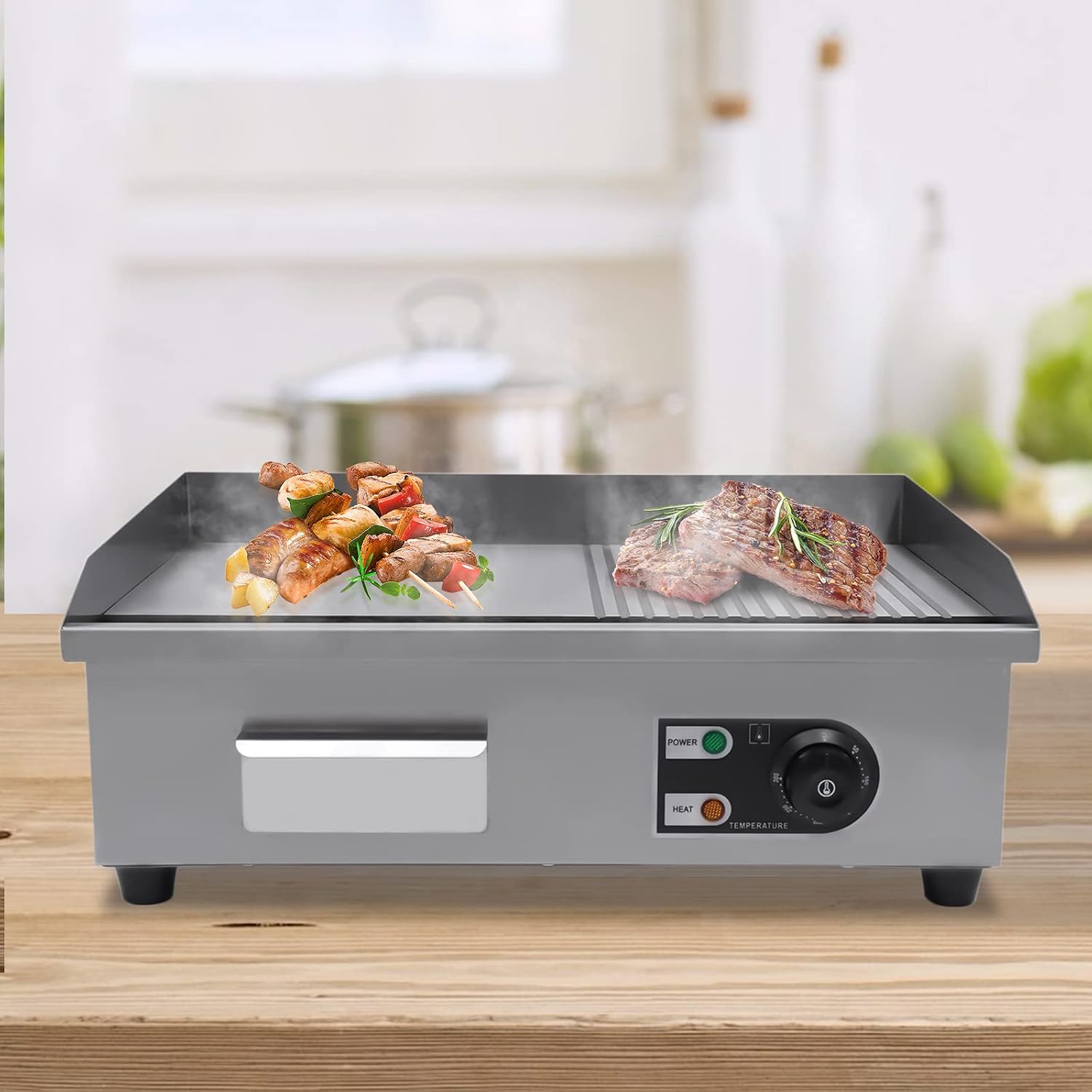 Teppanyaki,Commercial Griddle Electric Flat Top Grill,110v Electric Flat Top Griddle Non Stick With122~572℉ Adjustable Temperature Control,Stainless Steel Restaurant Teppanyaki Griddle