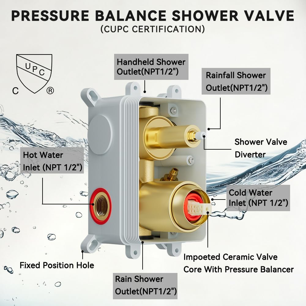 Shower Systems Shower Faucet Sets STARBATH 3 Way 12+6' Round Dual Rainfall Shower Head with Handheld Spray Combo, Ceiling Mounted Rain Shower Valve with 5 Diverter and Trim Kit Complete, Brushed Gold