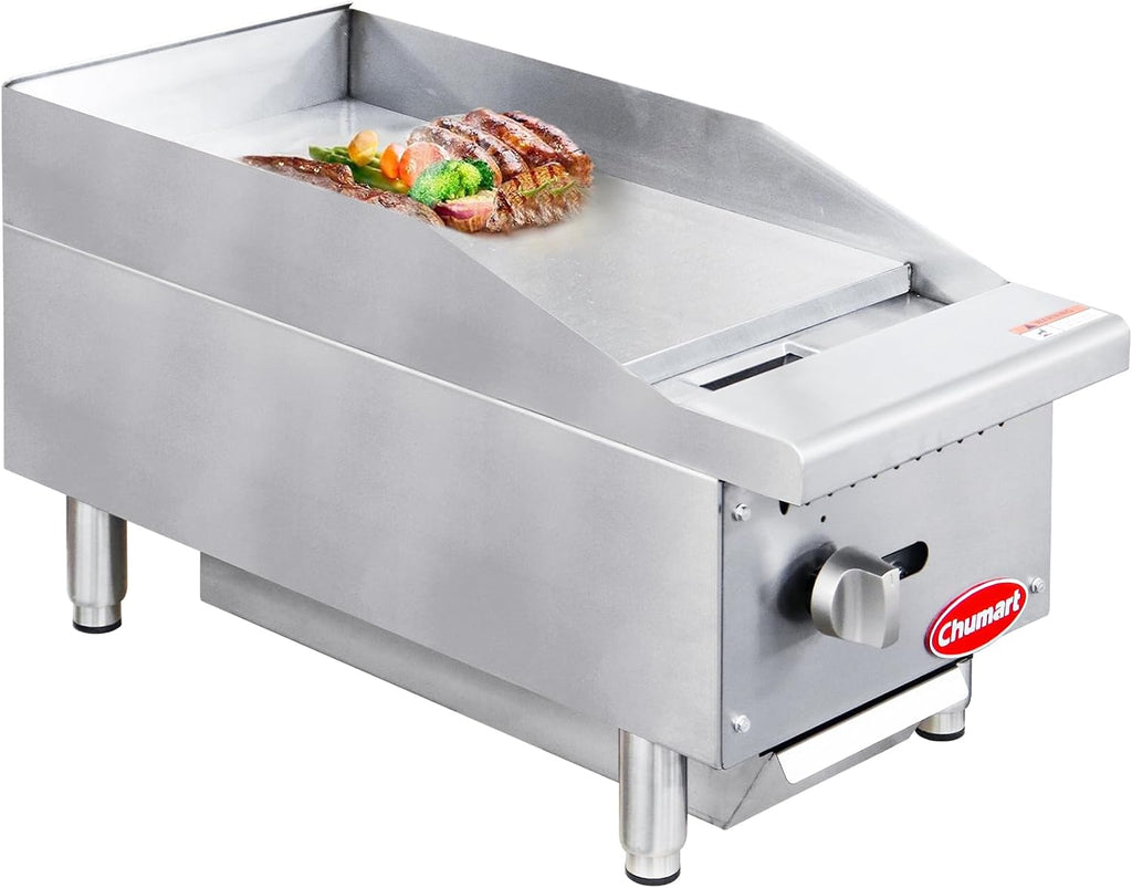 12' Commercial Countertop Griddle, Single Burners Gas Griddle, 30000 BTU Output, Stainless Steel Flat Top Grill Hot Plate with Natural Gas and Propane Conversion Kit for Restaurant, Food Truck