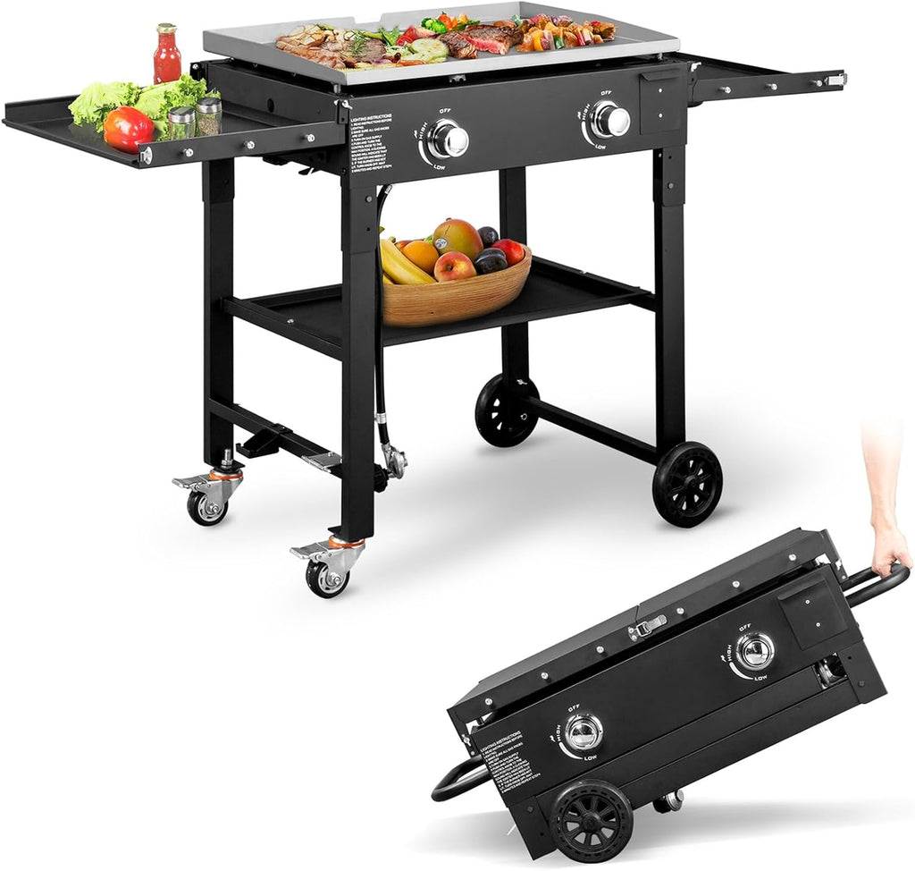 Foldable Flat Top Grill, Portable Outdoor Propane Griddle with 2 Foldable Shelves, 30000/45000/60000 BTU Gas Grill Griddle Cooking Station for BBQ & Outdoor Cooking, Black(2 Burner)