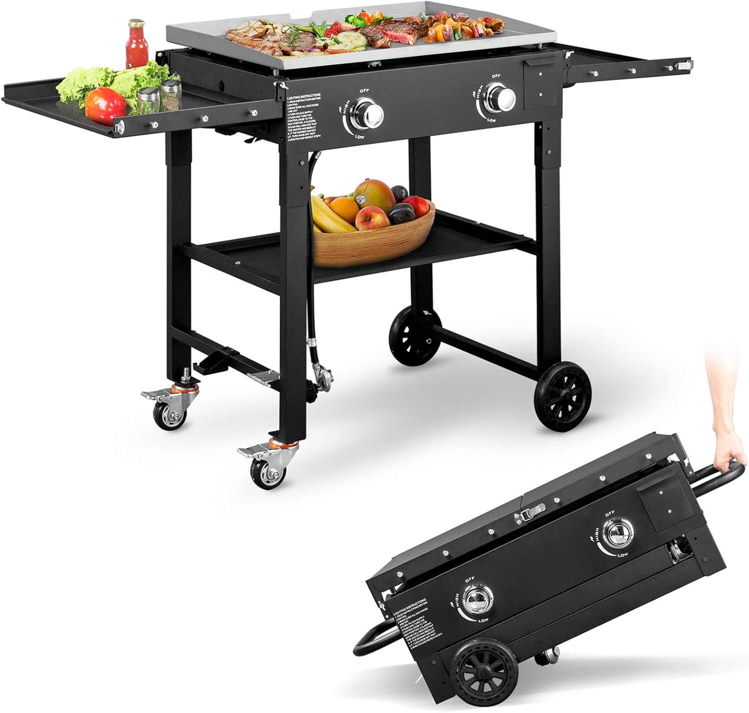 Foldable Flat Top Grill, Portable Outdoor Propane Griddle with 2 Foldable Shelves, 30000/45000/60000 BTU Gas Grill Griddle Cooking Station for BBQ & Outdoor Cooking, Black(2 Burner)