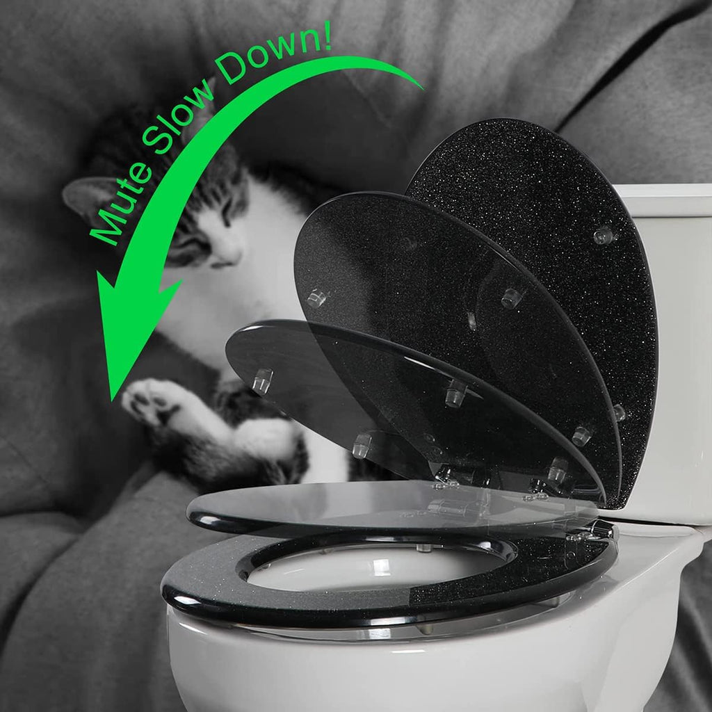 Sparkly Resin Toilet Seat, Resin Toilet Seat Round Toilet Seat, Thicken Toilet Seat, Slow Close, Toilet Lid Easy to Clean & Install (Silver)