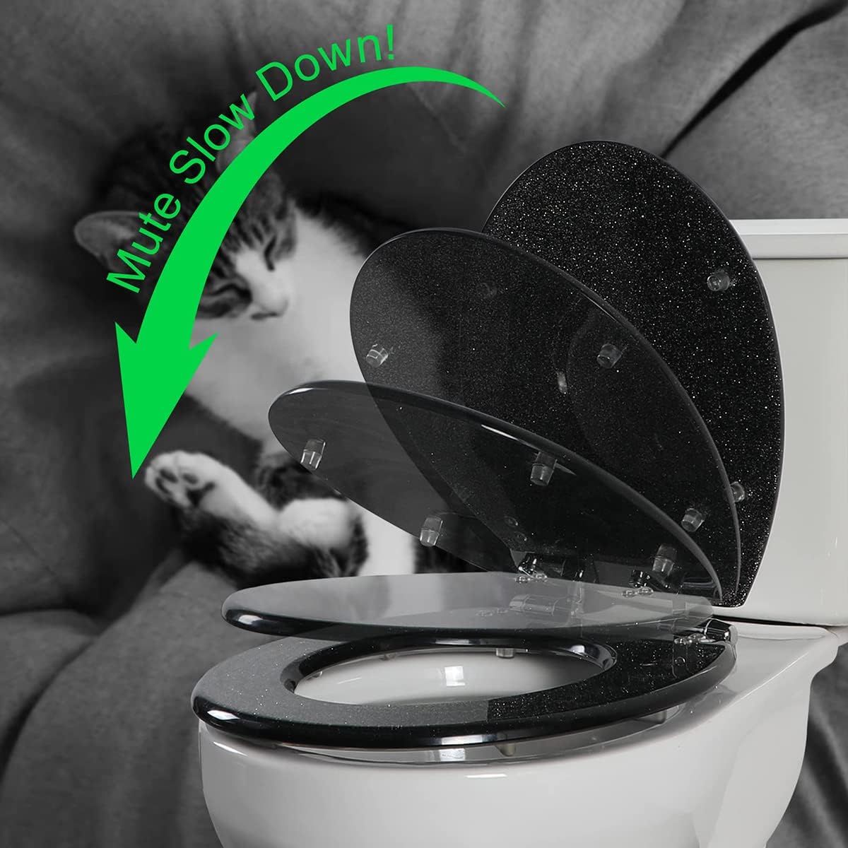 Sparkly Resin Toilet Seat, Resin Toilet Seat Round Toilet Seat, Thicken Toilet Seat, Slow Close, Toilet Lid Easy to Clean & Install (Silver)