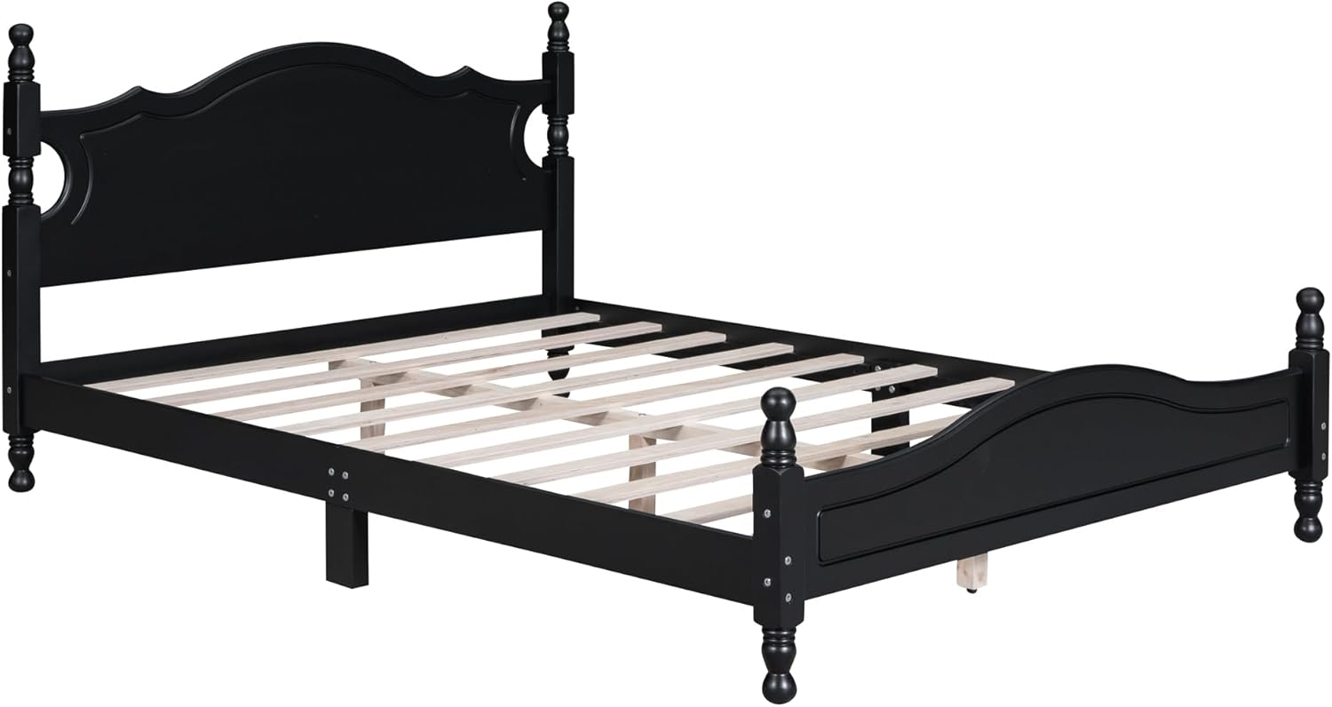 Flieks Queen Size Wood Platform Bed Frame for Boys Girls Kids Toddler,Retro Style Platform Bed with Wooden Slat Support,Black