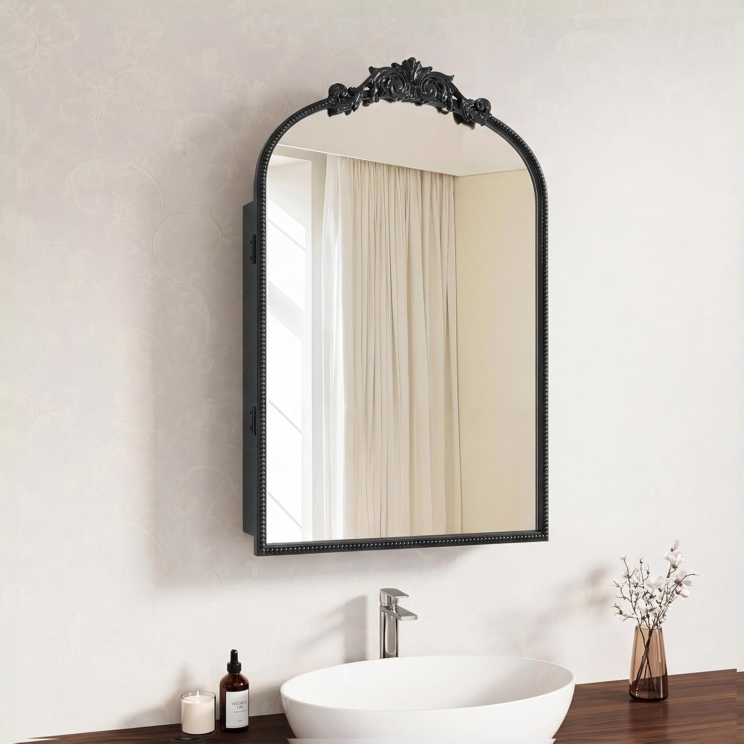 Bathroom Medicine Cabinet with Mirror, Sturdy, Durable & Easy Installation, Vintage Metal Frame (Black Beads, 16'x24')