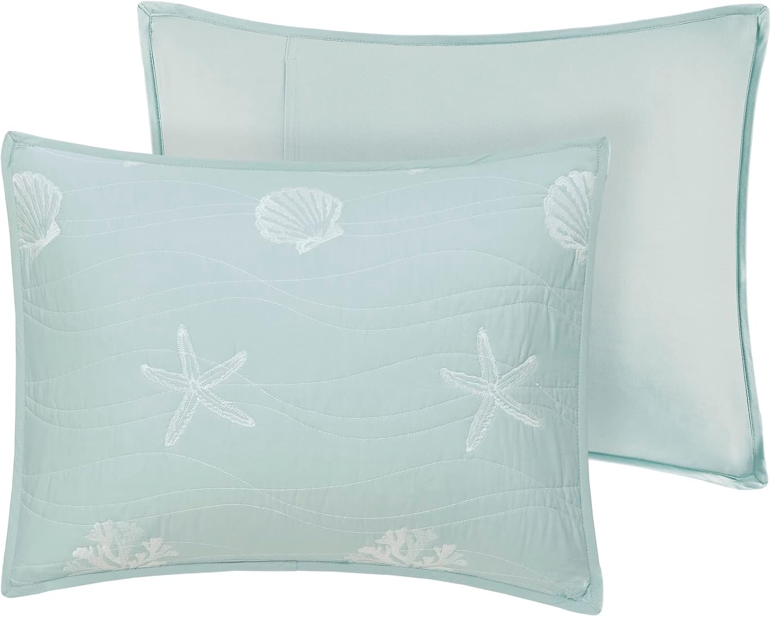 Harbor House Seaside Reversible Cotton Quilt Set Coastal Clam, Starfish, Coral Embroidery, All Season, Pre-Washed Coverlet Bedding Layer, Decorative Pillow, Full/Queen(90'x90') Seafoam 4 Piece