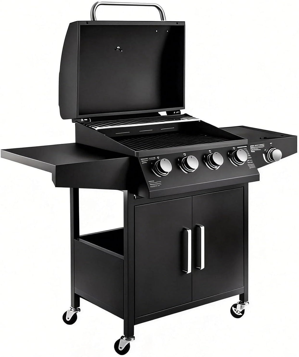 Propane Barbecue Grill with Side Burner and 4 Main Burners,Stainless Steel Barbecue Grill with Wheels and Storage,Griddle Grill Combo for Outdoor Cooking and Patio Barbecues