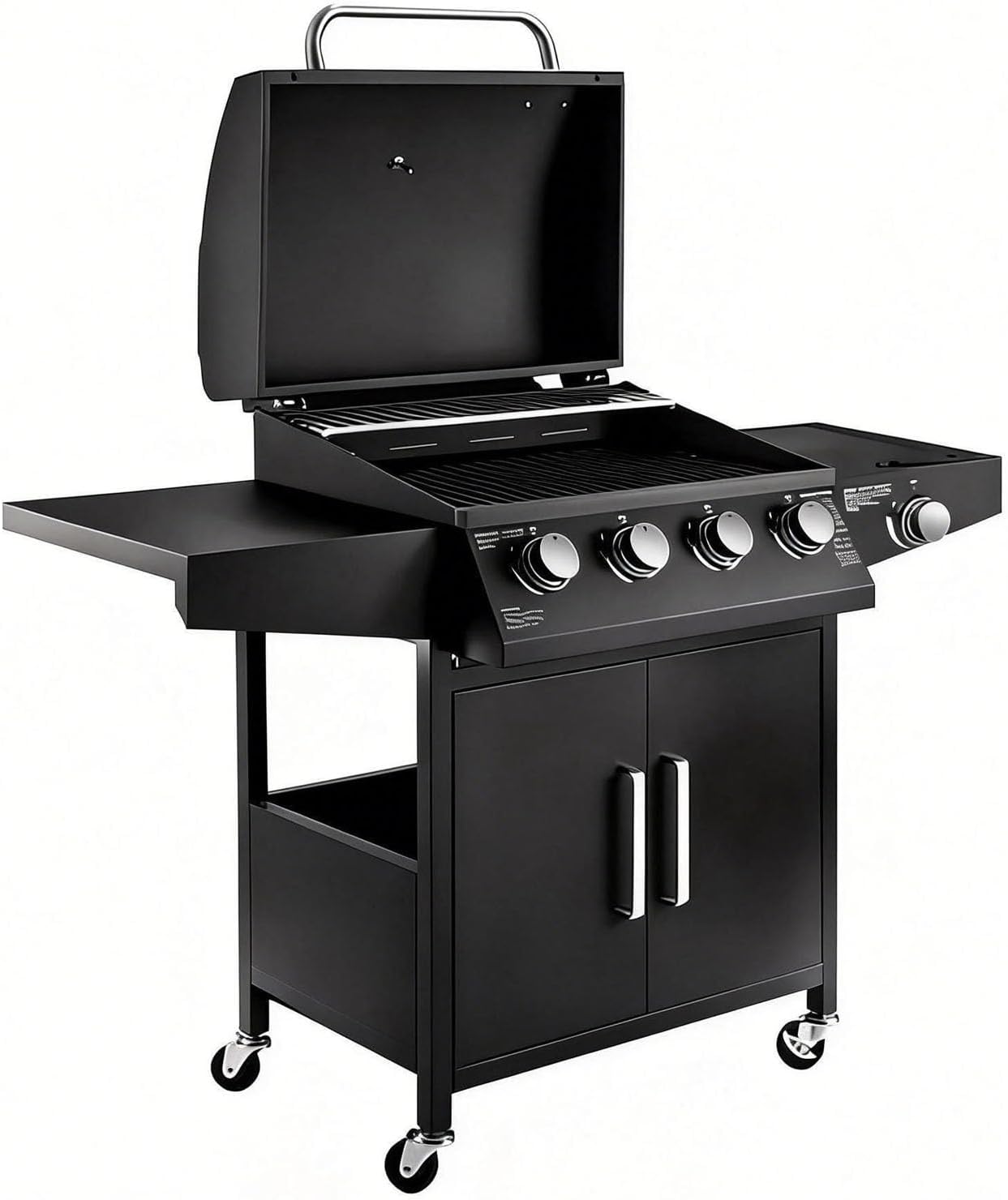 Propane Barbecue Grill with Side Burner and 4 Main Burners,Stainless Steel Barbecue Grill with Wheels and Storage,Griddle Grill Combo for Outdoor Cooking and Patio Barbecues