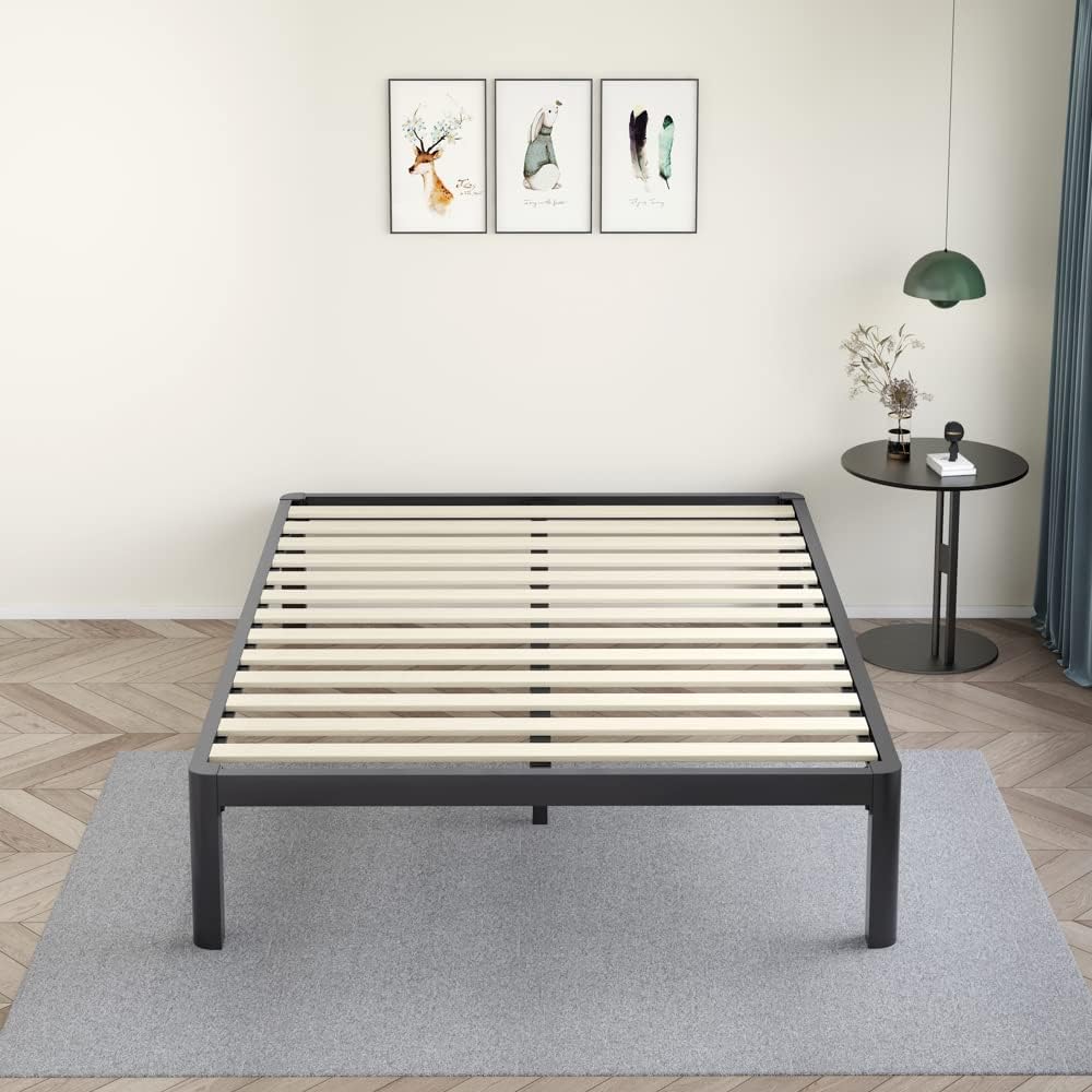 MAF Metal 18 Inch Queen Platform Bed Frame with Anti-Collision Round Legs, Black 3500 Lbs Heavy Duty Bed Frame with Wood Slats, No Box Spring Needed, Easy Assembly