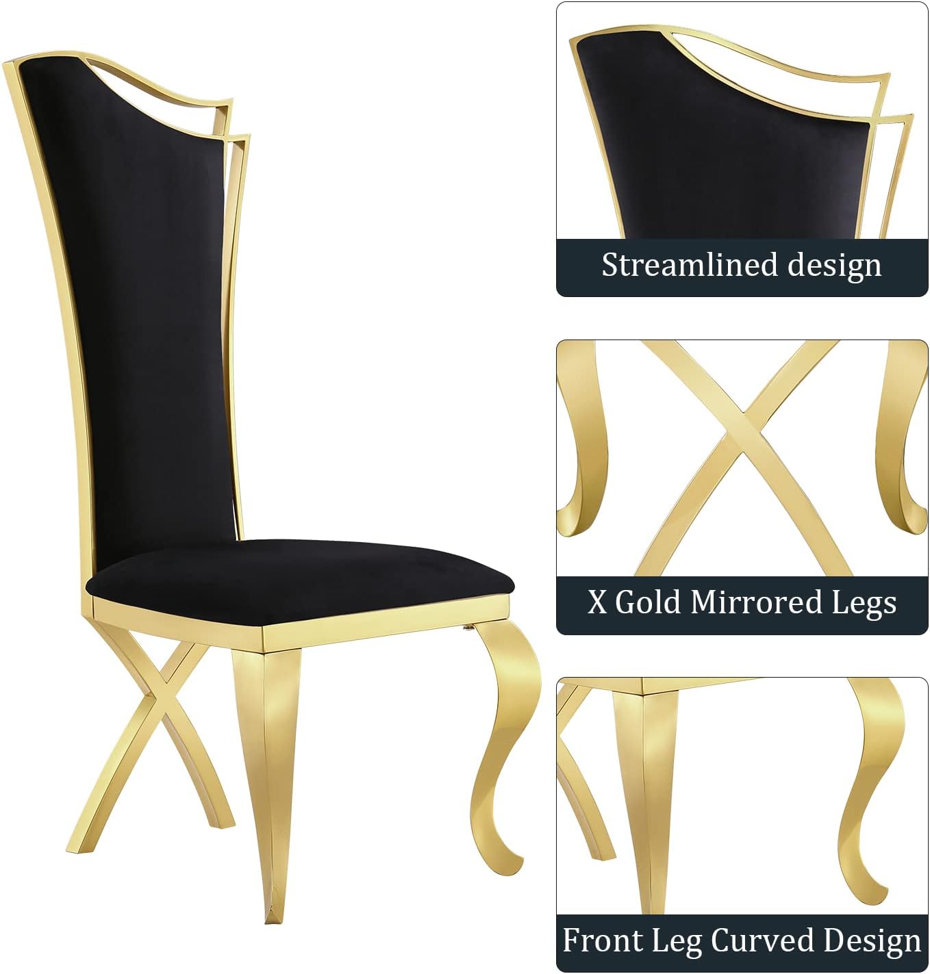 ACEDÉCOR 5 Piece Dining Table Set, Modern Dining Room Table with Gold Stainless Steel Metal U-Base, 4 Black Velvet Dining Chairs with Gold Legs(1 Table + 4 Black Velvet Dining Chairs)