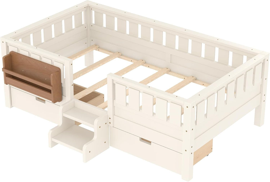 Bellemave Twin Montessori Bed with Stairs, Rails and Slats, Twin Size Montessori Floor Bed with Bookshelf and 2 Storage Drawers, Easy Assemble Beds Frame for Girls, Boys, Beige