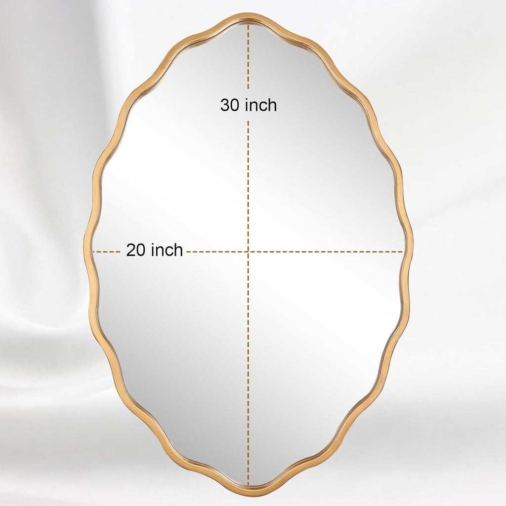 20 * 30 Inch Brushed Gold Oval Ripple Bathroom Mirror Wall Mounted Large Modern Countryside Suitable for Washroom, Bedroom, Living Room, Entryway