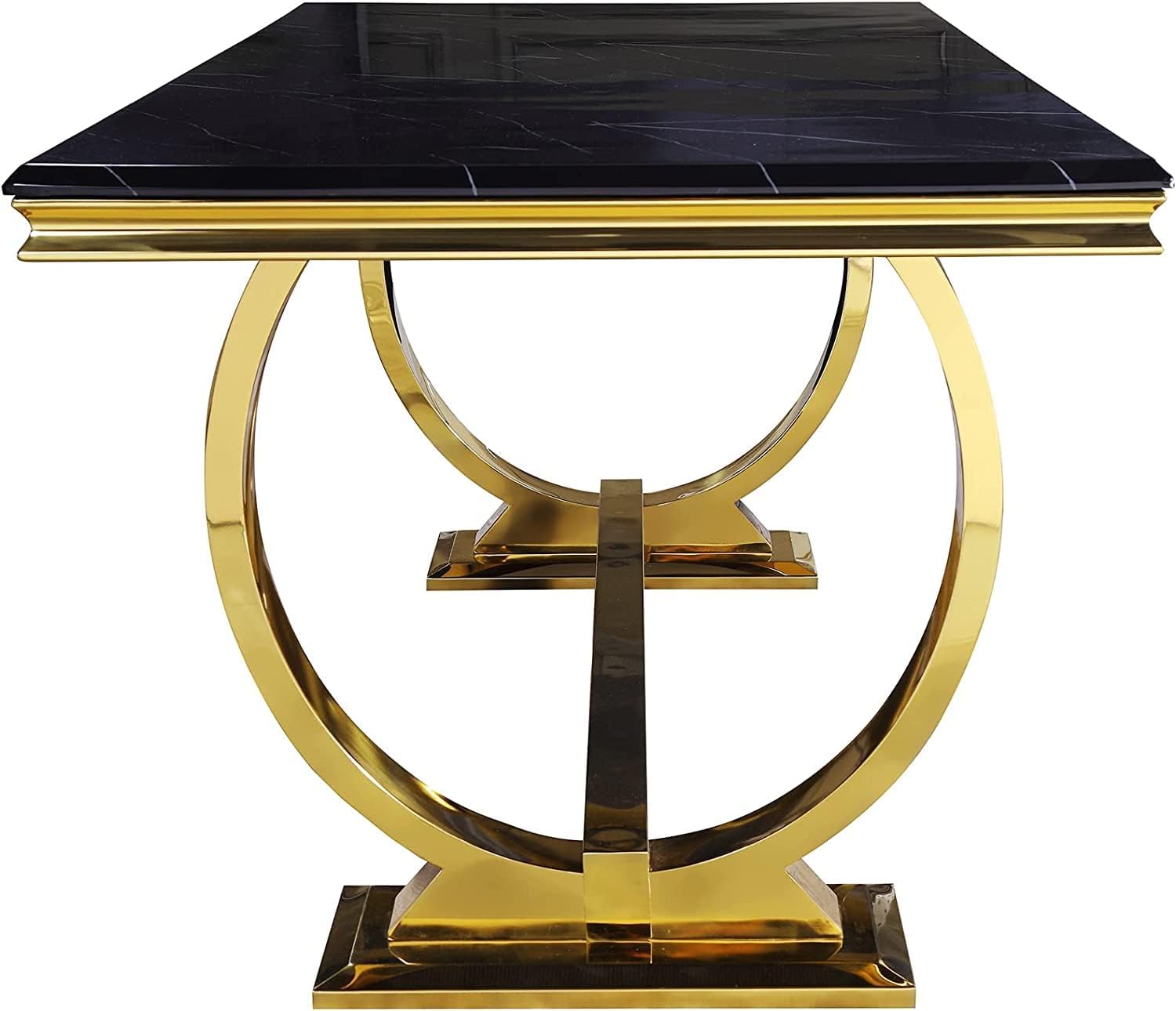 ACEDÉCOR 7 Piece Black and Gold Dining Table Set, Modern Kitchen and Dining Room Table Set with Stainless Steel U-Base and 6 Black Velvet Upholstered Dining Chairs
