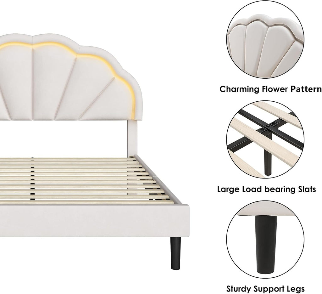 HIFIT Full Upholstered Smart LED Bed Frame with Adjustable Chic Petal Headboard, Princess Full Size Platform Bed Frames for Kids/Girls, Wooden Slats Support, No Box Spring Needed, Easy Assembly, Beige
