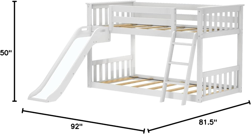 Max & Lily Solid Wood Twin Over Twin Size Low Bunk Beds for Kids with Slide and Ladder, 400 lbs Weight Capacity, 14' Safety Guardrail, Anti-Slip Steps, White