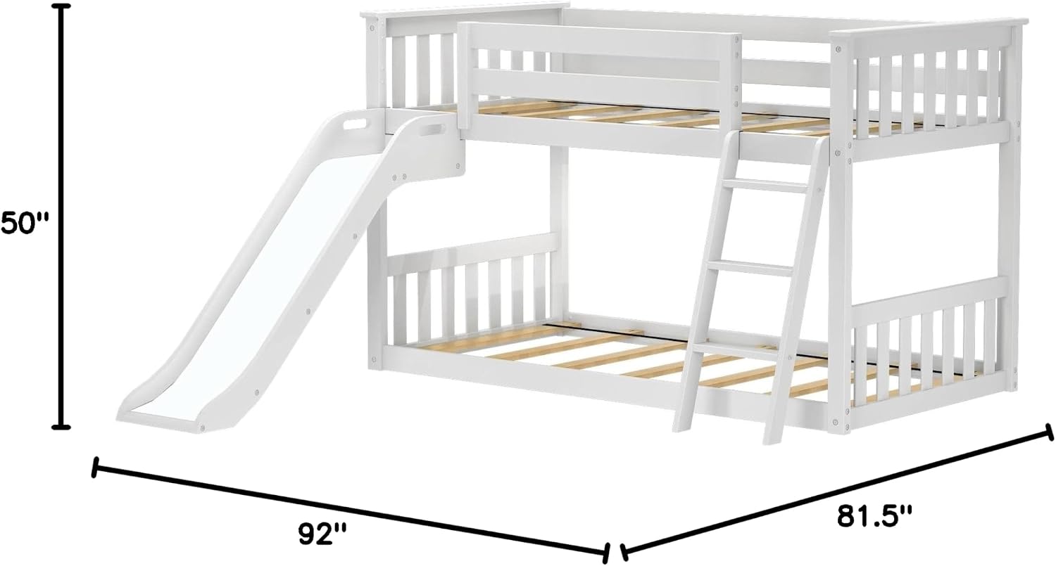 Max & Lily Solid Wood Twin Over Twin Size Low Bunk Beds for Kids with Slide and Ladder, 400 lbs Weight Capacity, 14' Safety Guardrail, Anti-Slip Steps, White