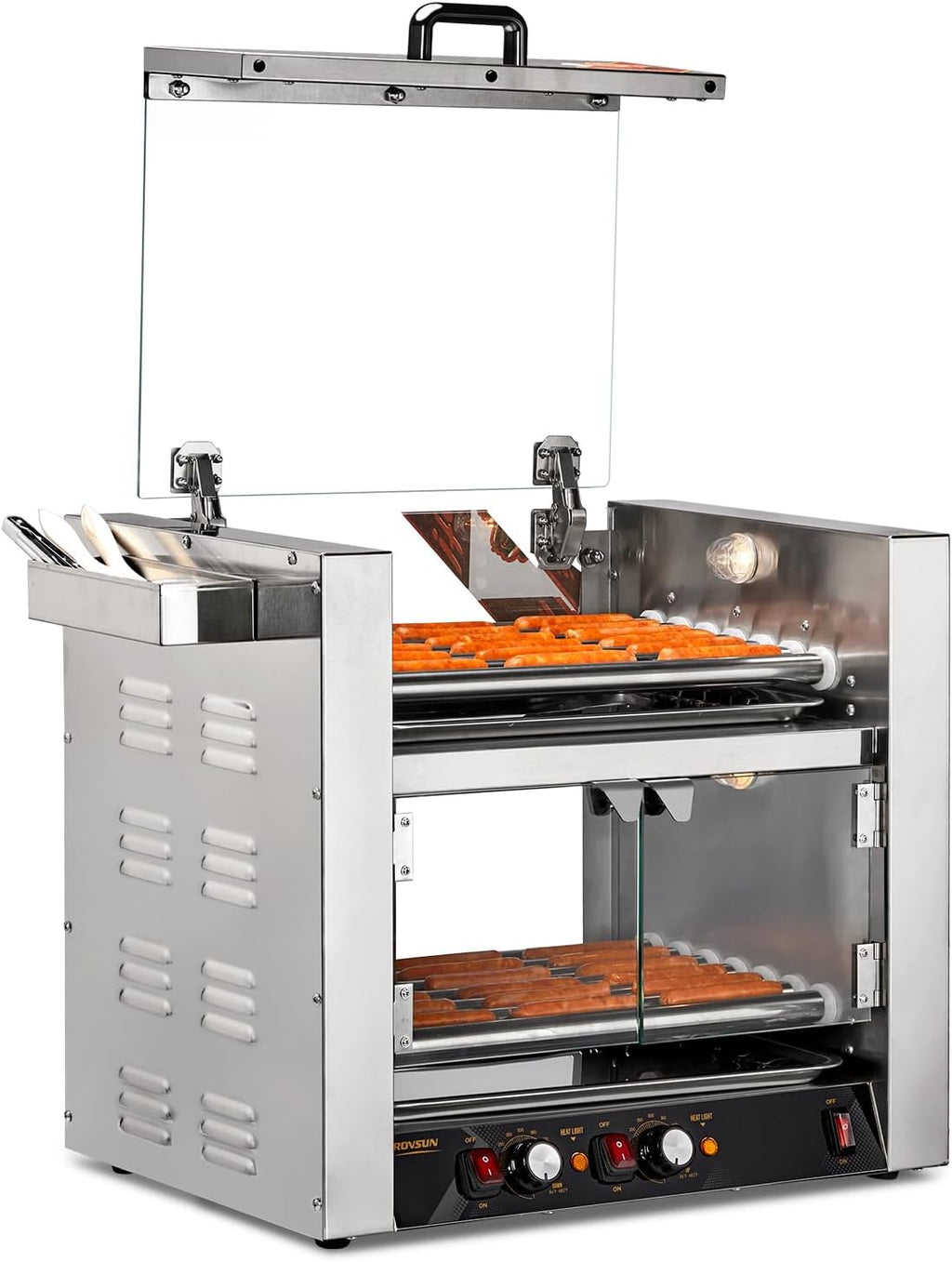 ROVSUN 2 Tier Hot Dog Roller, 36 Hot Dog 7 Rollers ETL Certified, Hot Dog Machine Sausage Grill with Dual Temp Control, Glass Cover, Light, Side Storage Box & Drip Tray for Home Commercial 2100W