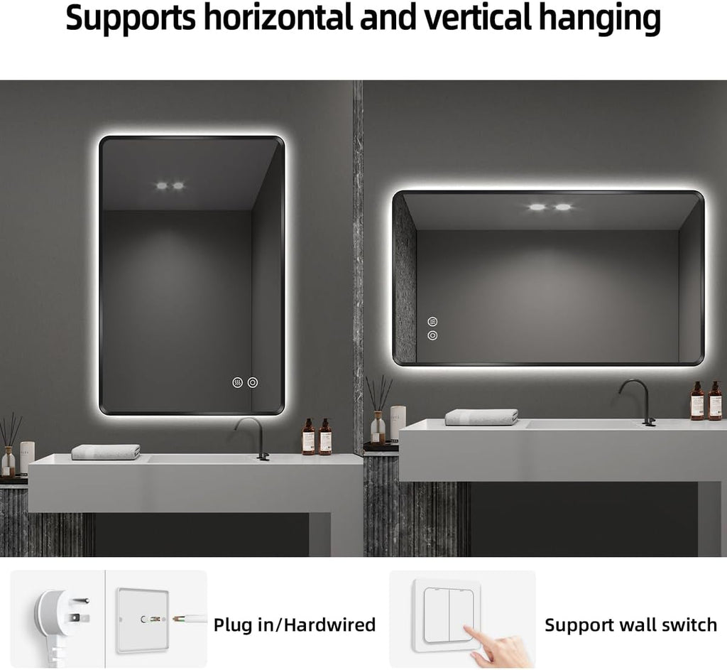 28' x 36' Black LED Bathroom Mirror, Smart Touch Switch, Anti-Fog, Backlit Mirror, 3-Color Dimmable Lighting, CRI≥93, Modern Bathroom Vanity Wall Mirror with Lights (Horizontal/Vertical)