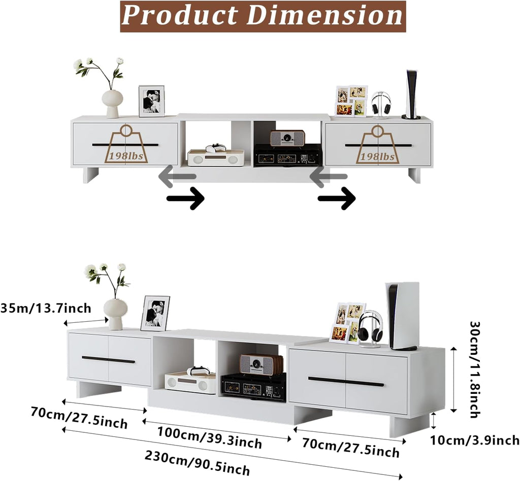 Extendable TV Stand, Modern Media Console for Up to 100 Inch TV, 67'-90' Extendable Entertainment Center with 2 Large Cabinets & Open Shelves, TV Cabinet for Living Room-White