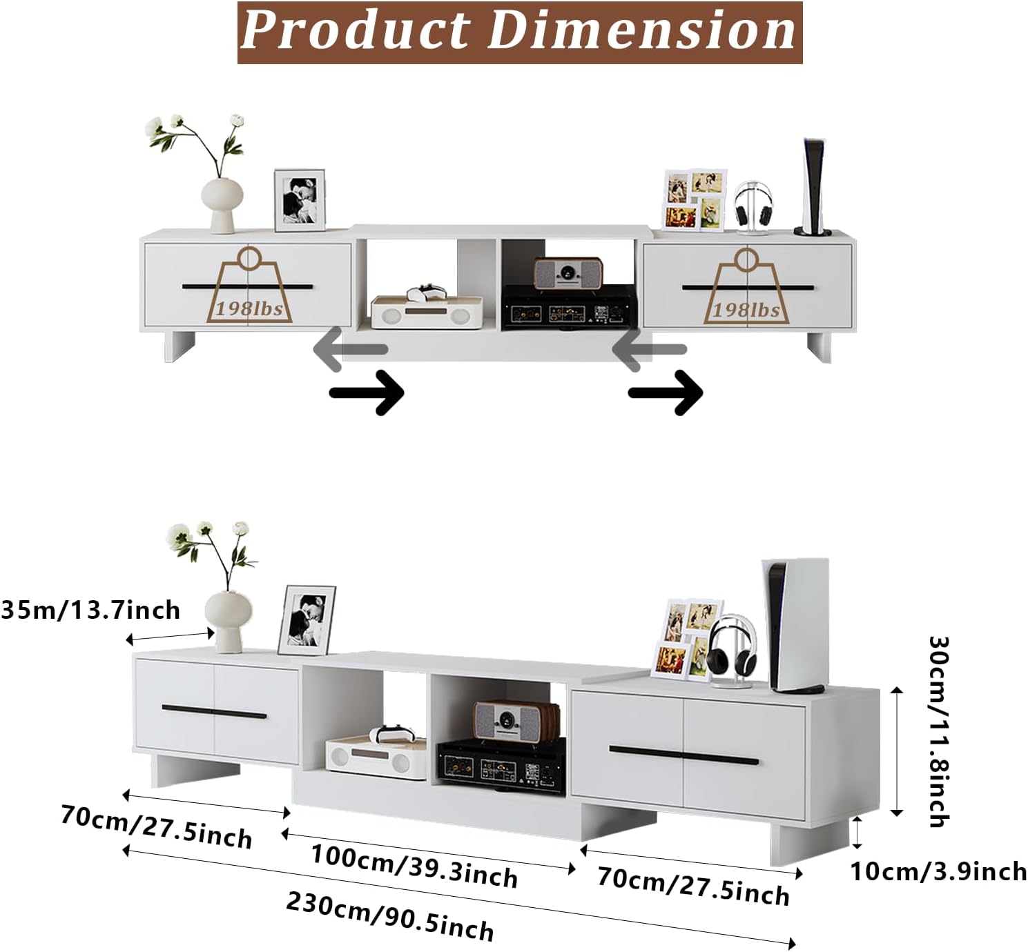 Extendable TV Stand, Modern Media Console for Up to 100 Inch TV, 67'-90' Extendable Entertainment Center with 2 Large Cabinets & Open Shelves, TV Cabinet for Living Room-White