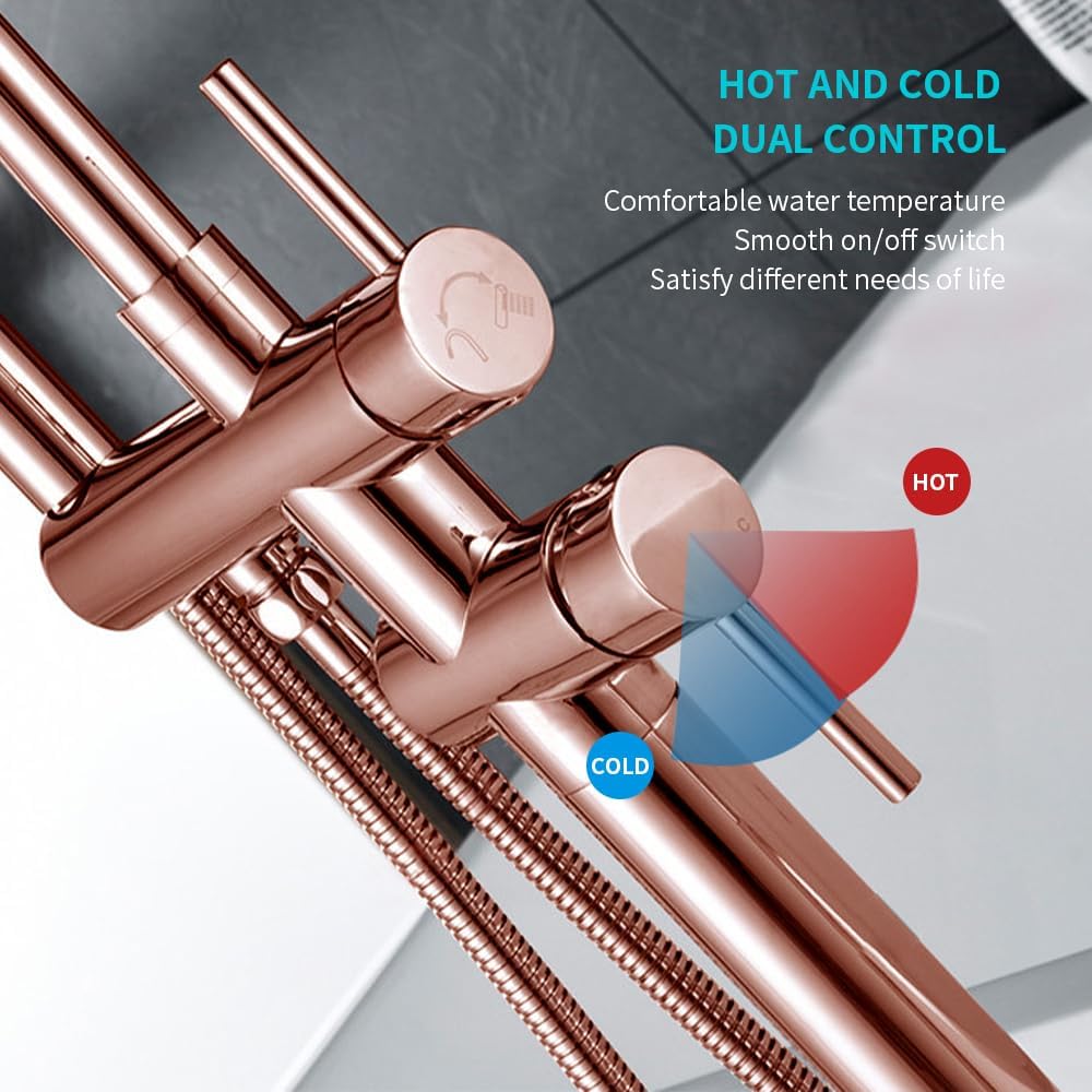 Floor Mount Bathtub Faucet, Freestanding Tub Filler, Standing Swivel Spout Shower Faucets Shower Mixer Taps with Cylinder Handheld Shower (Rose Gold, With Embedded Box)