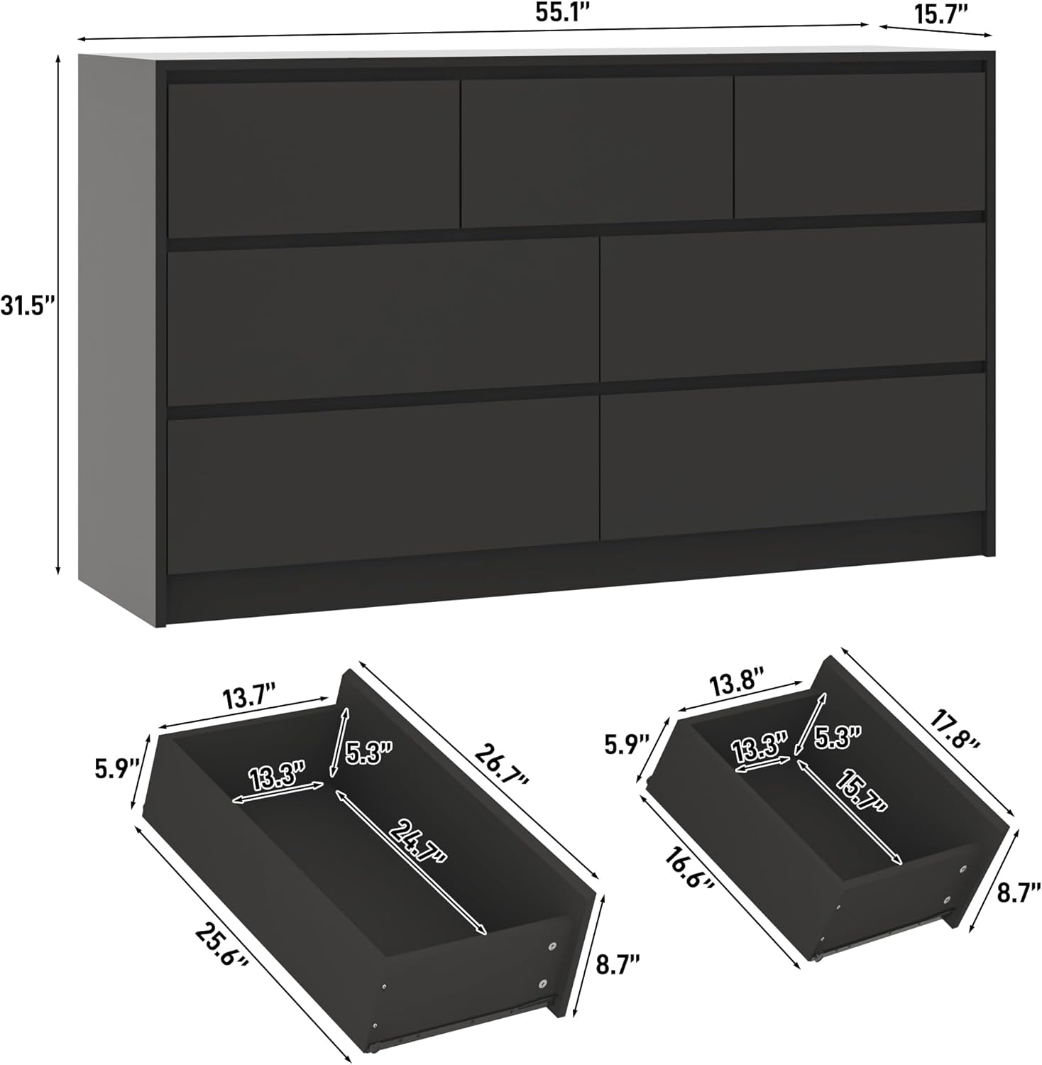 jiteentarou Black Malm Dresser for Bedroom, 55 Inch Long High Gloss Dresser with 7 Drawers, Modern Large Wood Chest of Drawer Handle Free, Living Room, Entryway, Hallway, Black