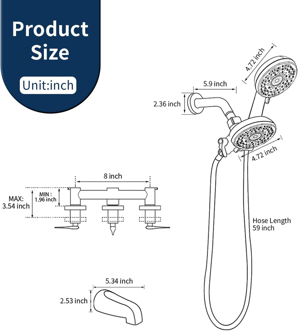 3 Handle Shower Faucet Set with Tub Spout Bathtub Shower Faucet Combo Set Shower System Complete Tub and Shower Trim Kit Matte Black Wall Mounted Shower Fixtures