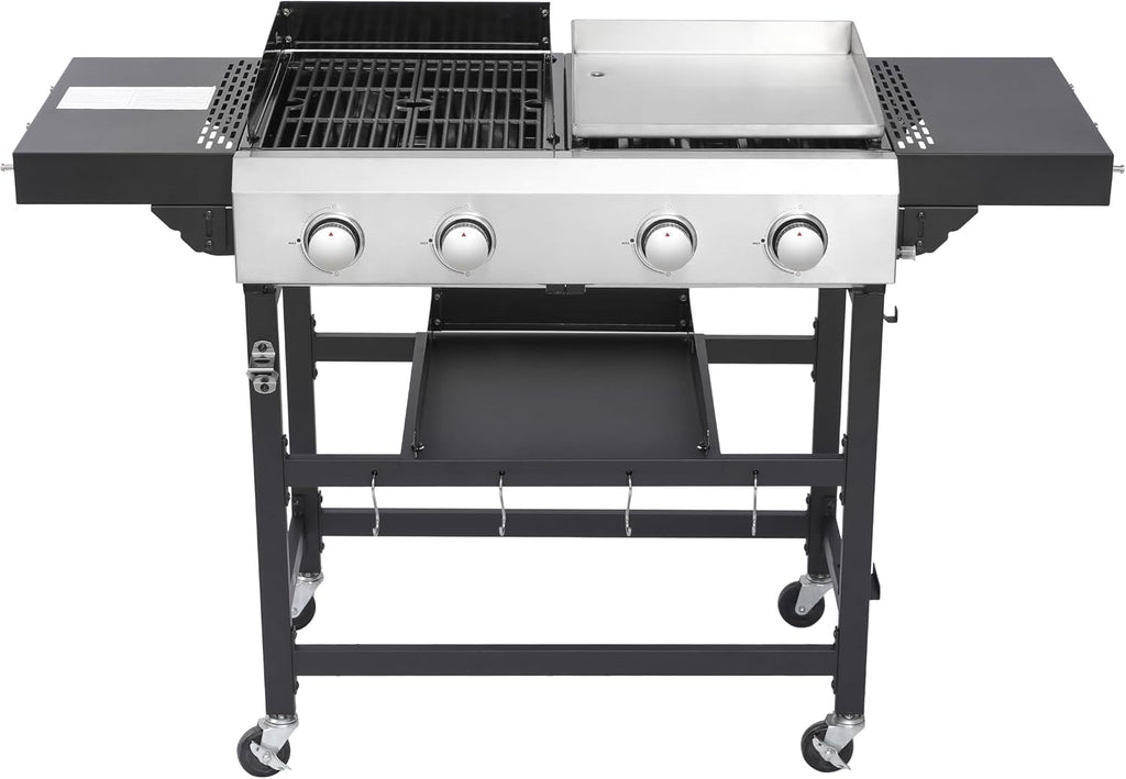 4-Burner Propane Gas Grill and Griddle Combo, 38200 BTU Outdoor BBQ Griddle with Cast Iron Grates and Foldable Side Table, Portable Outdoor Cooking for Patio, Camping, Garden