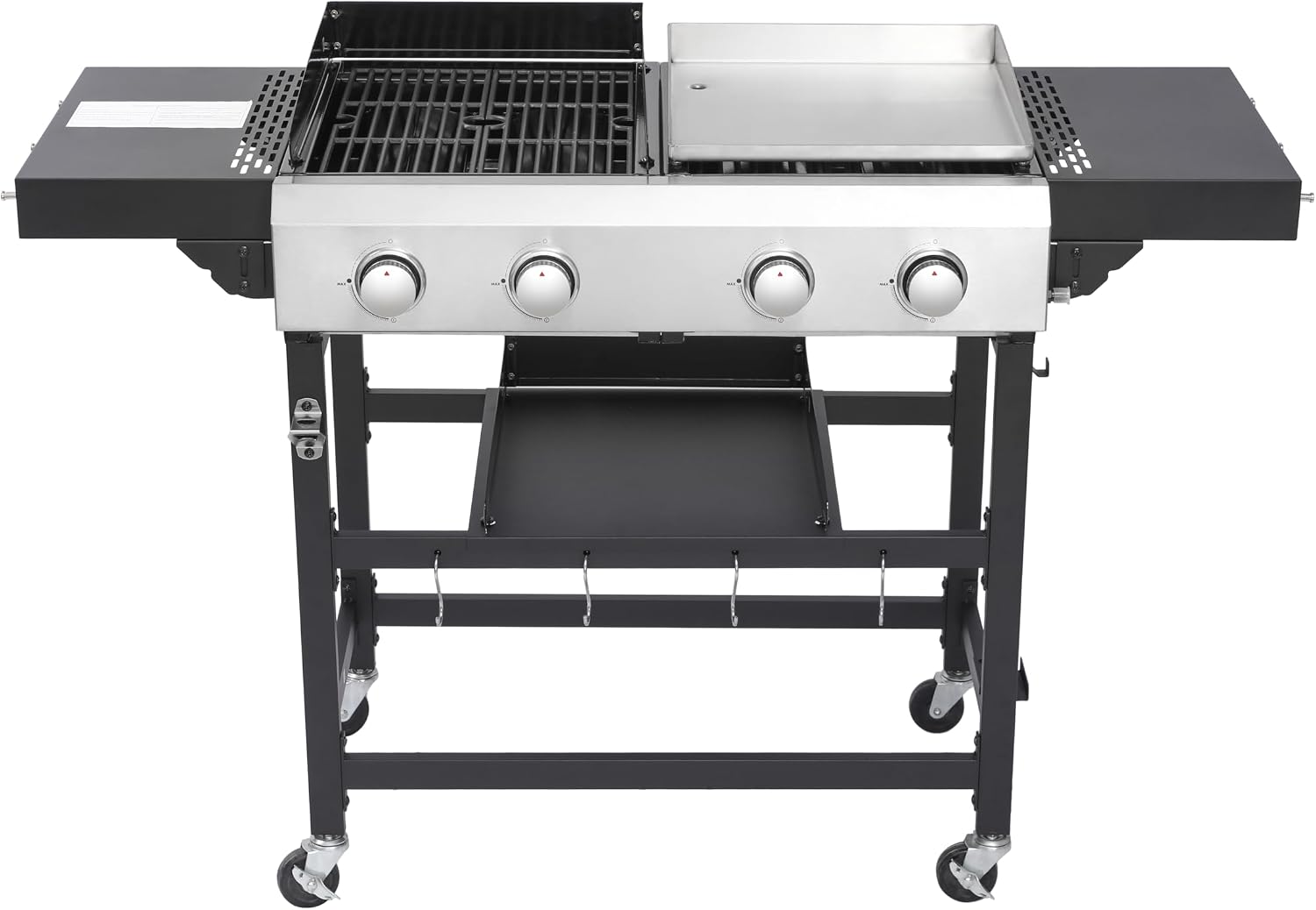4-Burner Propane Gas Grill and Griddle Combo, 38200 BTU Outdoor BBQ Griddle with Cast Iron Grates and Foldable Side Table, Portable Outdoor Cooking for Patio, Camping, Garden