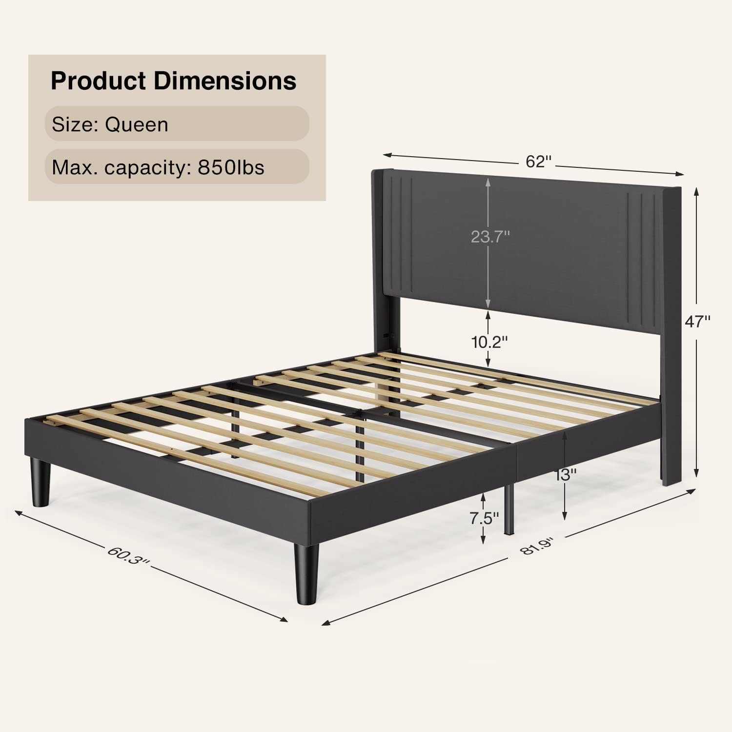 Gizoon Queen Bed Frame with Wingback Headboard, Upholstered Platform Bed with Modern Geometric Headboard, Wooden Slats, Noise-Free, No Box Spring Needed
