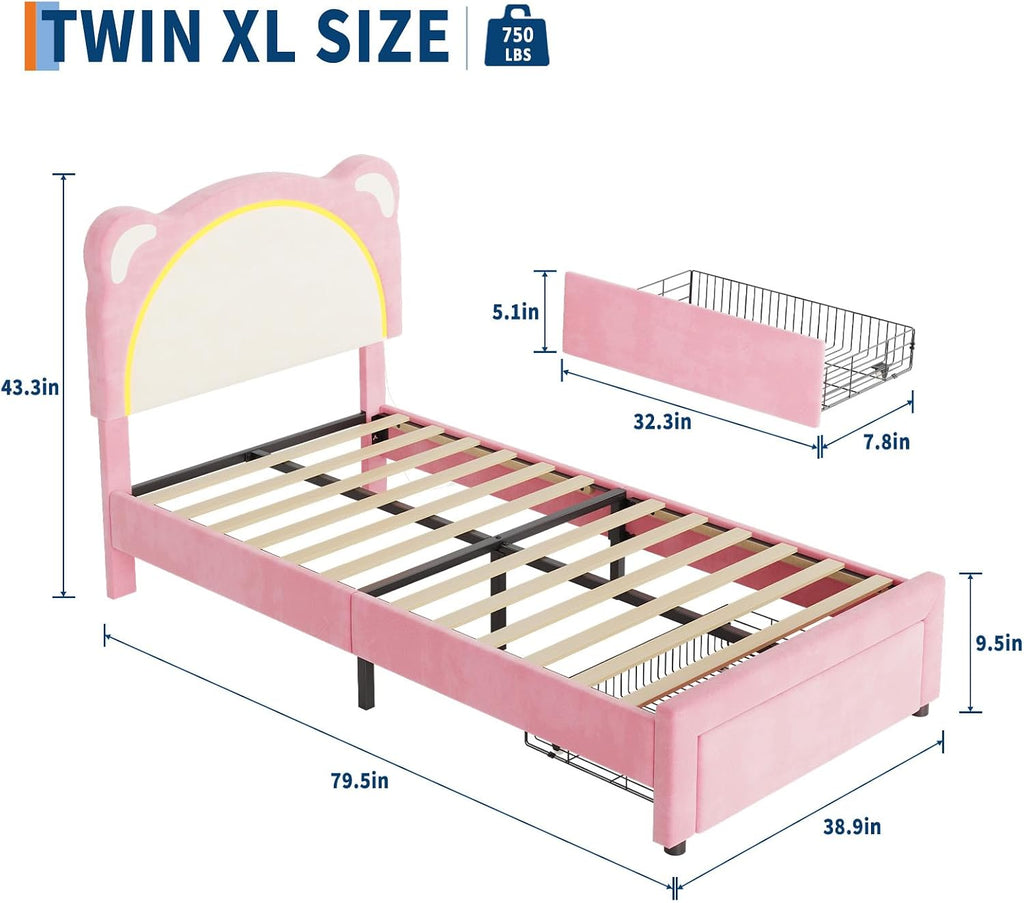 IDEALHOUSE Twin XL Size LED Bed Frame with Storage Drawers,Adjustable Headboard with Cute Bear Design,Soft Velvet Fabric Bed Frame for Kids,Solid Wood Slat Support,Noise-Free,Easy Assembly,Pink