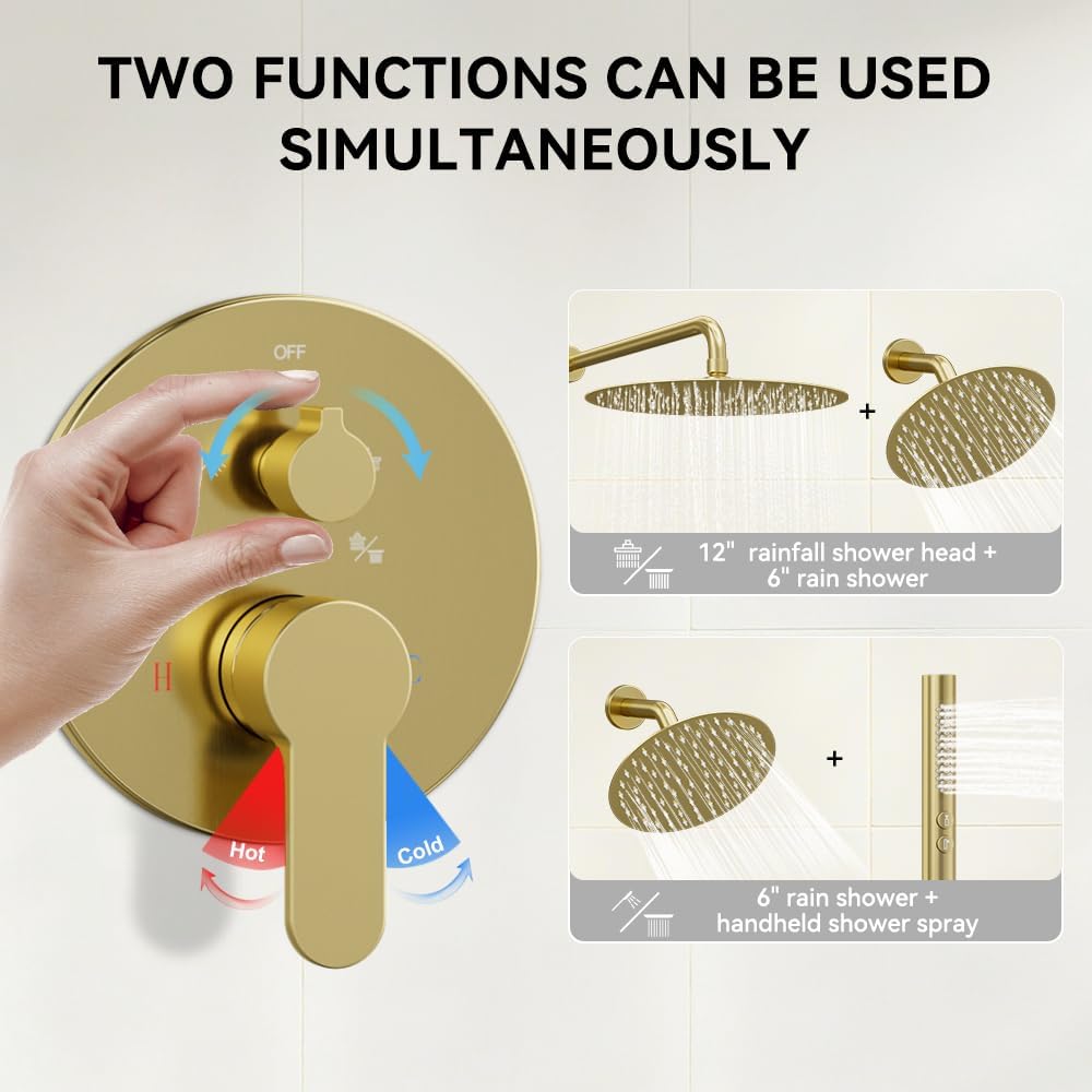 Shower Systems STARBATH 12+6' Round Dual Rainfall Shower Head with Handheld Spray for Two People, Wall Mounted 3 Way Rain Shower Faucet Sets Complete, Included Valve and Trim Kit, Brushed Gold