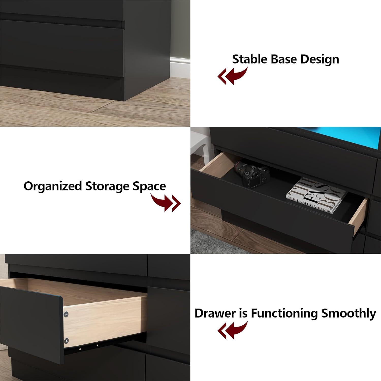 Gyfimoie 6 Drawer Double Dresser with Power Outlet, Accent Chests of Drawers with LED Light, Modern White Storage Dresser with Charging Station (Mirror Not Included)
