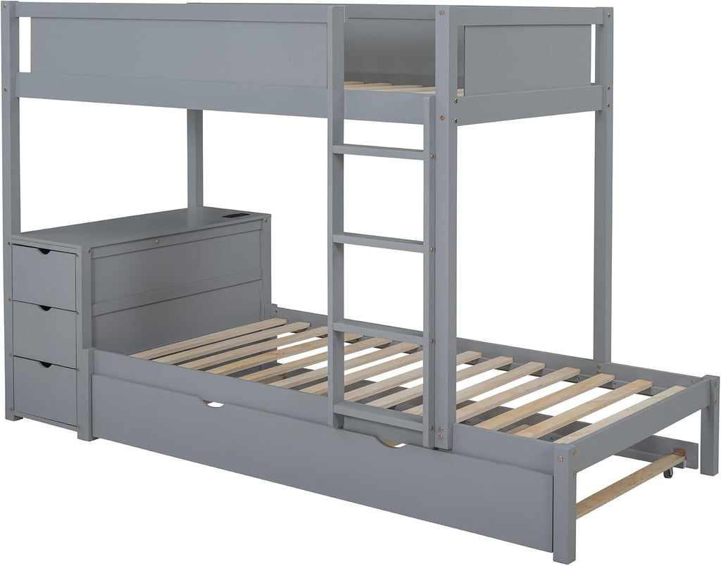Ball & Cast Twin-Over-Twin Bunk Bed with Twin Size Trundle,Solid Wood Bedframe W/Desk & Drawers,USB,Space Saving,Easy Assembly,Multifunctional Bedroom Furniture Set for Boys Girls Teens,Gray