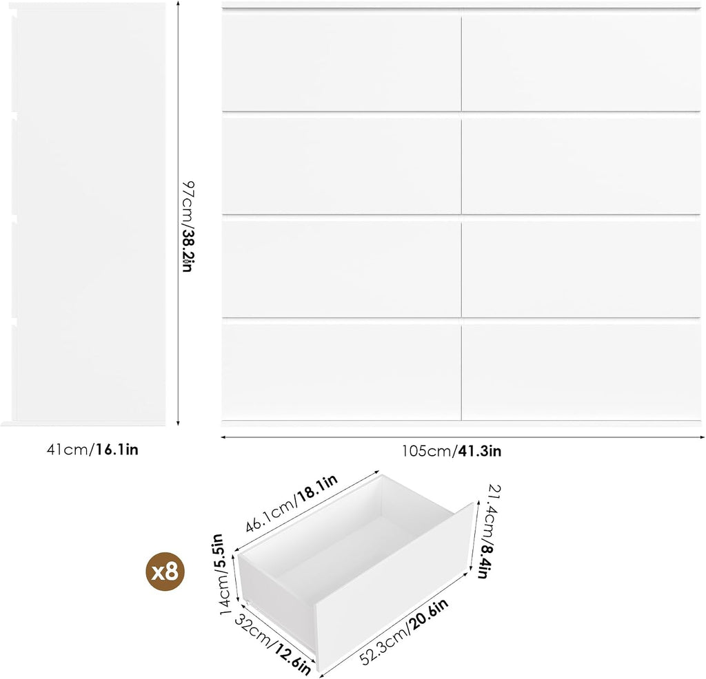FINETONES 8 Drawer Dresser for Bedroom, White Dresser Double Chest of Drawers, Modern Wood Dressers with Deep Drawers for Living Room,White