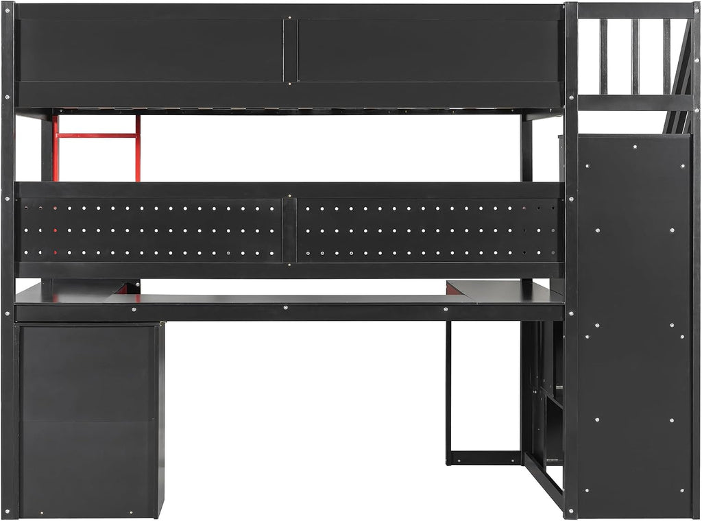 Ball & Cast Gaming Twin Size Loft Bed with Storage Stairs,Wood Gamer Loft Bed Frame W/Desk,Shelves and Pegboard,High Loft Bed W/Full-Length Guardrail,Bedroom Furniture for Student Dorms,Black+Red