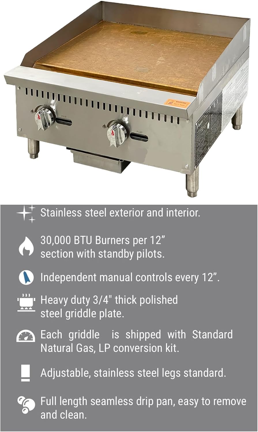 Commercial Gas Griddle, ETL Flat Top Grill Stove Propane LP Natural Gas, 24'