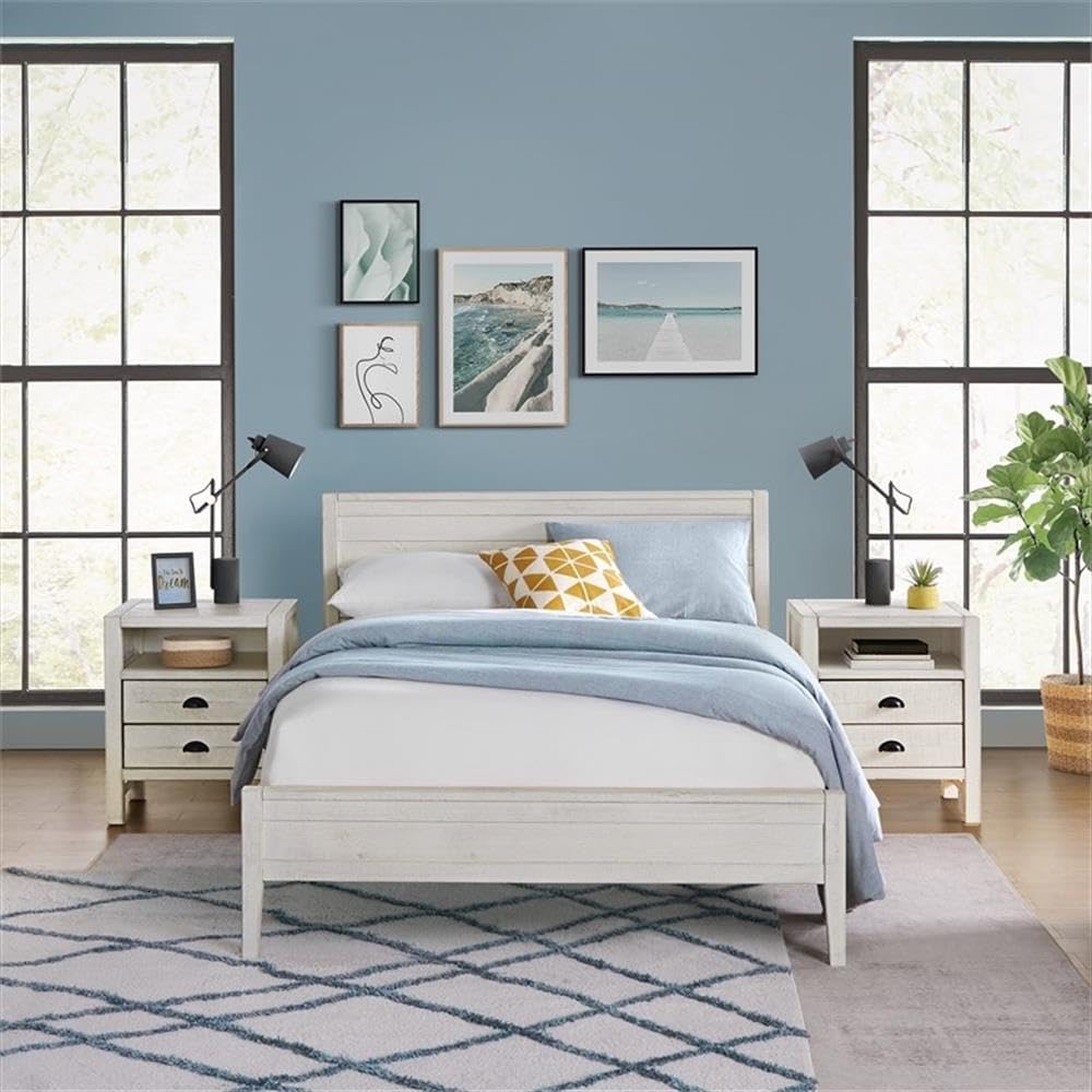 Windsor 3-Piece Kids Bedroom Set - Full Panel Bed, 2 Nightstands, Rustic White Finish, Metal Drawer Glides, 57 in. W x 79 in. D x 39 in. H Bed, 22 in. W x 17 in. D x 25 in. H Nightstands