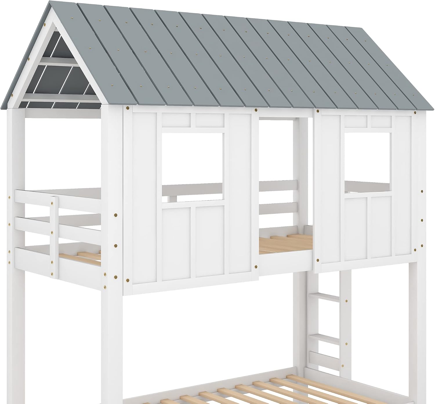 Polibi Twin-Over-Twin House Bunk Bed with Trundle, Twin Size Wooden House Bunk Bed with Roof, Windows, Ladder and Guardrails