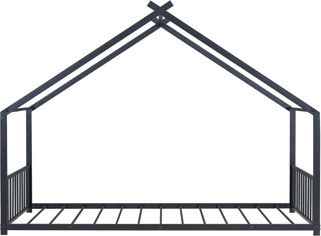Bellemave Twin Size Floor BedFrame with Slats for Kids, Metal Montessori Floor Beds, Twin House Bed for Kids, Black with roof