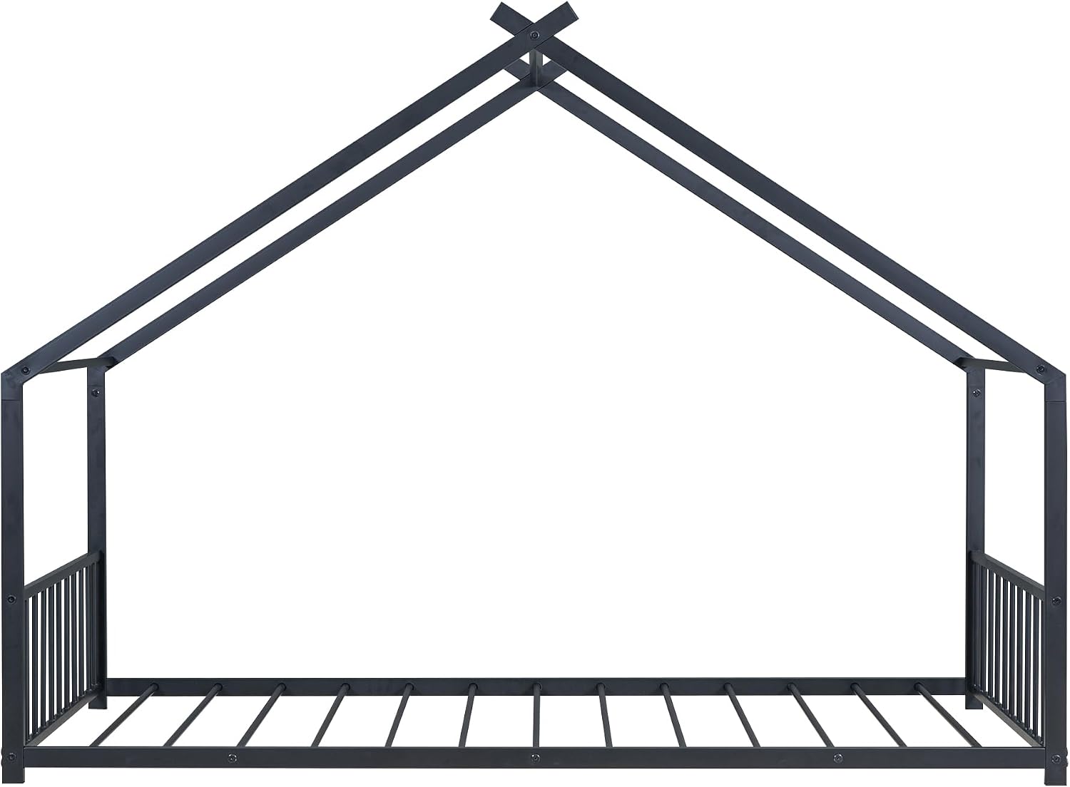 Bellemave Twin Size Floor BedFrame with Slats for Kids, Metal Montessori Floor Beds, Twin House Bed for Kids, Black with roof