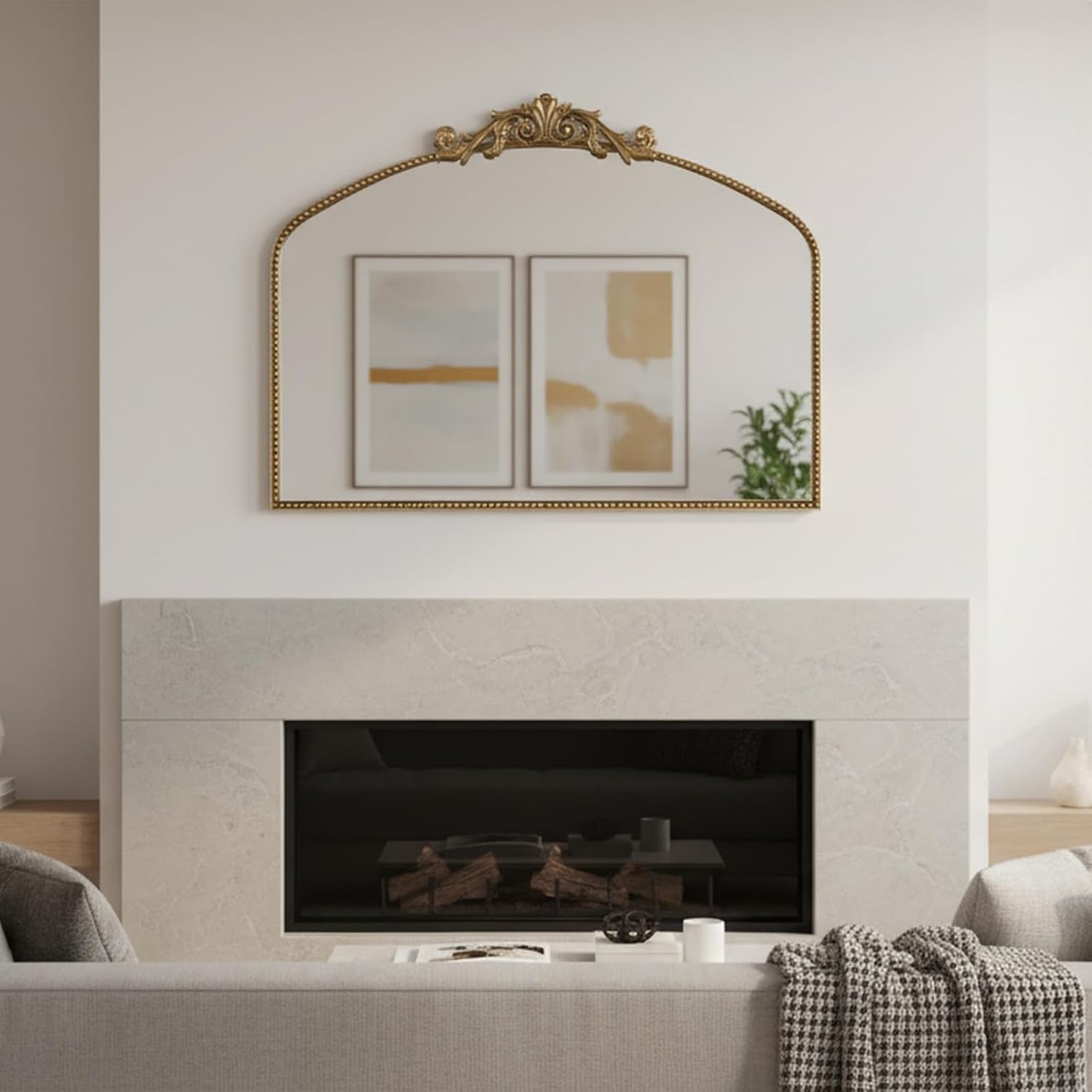 40'x30' Gold Large Antique Mirror, Vintage Baroque Mirror with Ornate Beaded Frame for Home Decor - Living Room, Entryway, Bathroom, Fireplace
