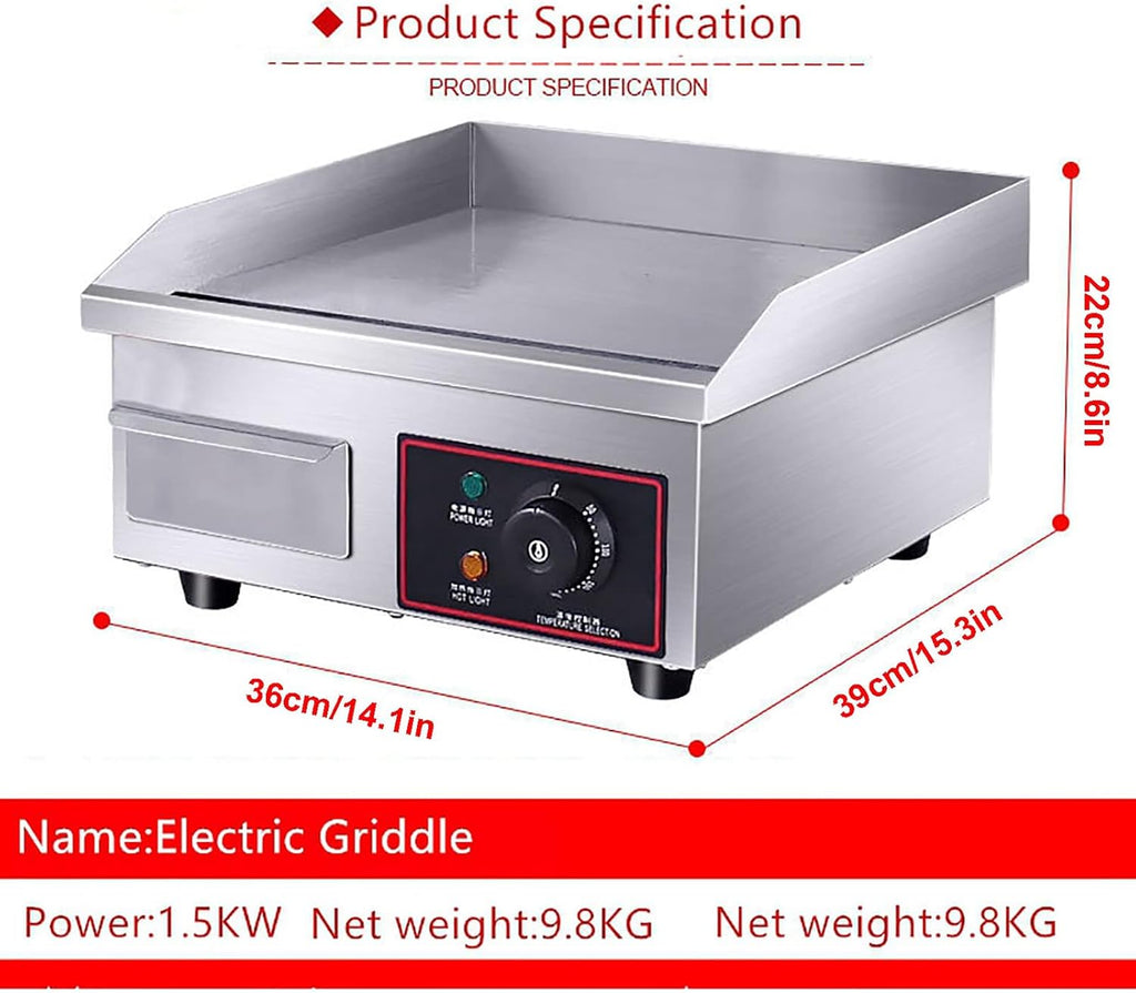 1500W Commercial Electric Countertop Griddle, Countertop Stainless Steel Grills Hotplate Flat Top Kitchen Grill, Adjustable Temperature Control, Electric Griddle for Restaurant & Home